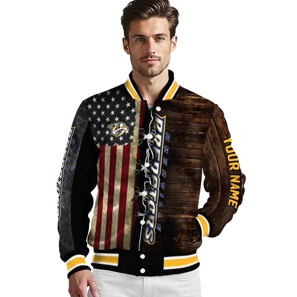 customized nashville predators flag wood brown varsity jacket high quality customized nashville predators flag wood brown varsity jacket high quality