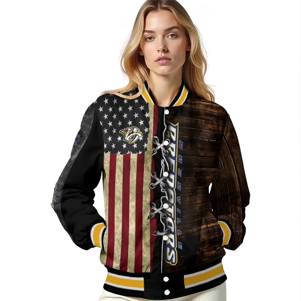 customized nashville predators flag wood brown varsity jacket latest model customized nashville predators flag wood brown varsity jacket latest model