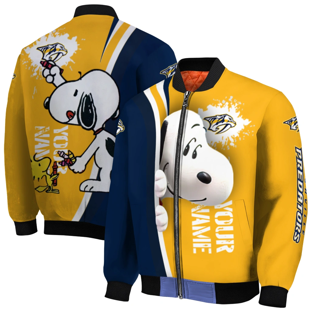 customized nashville predators snoopy head gold bomber jacket best selling customized nashville predators snoopy head gold bomber jacket best selling
