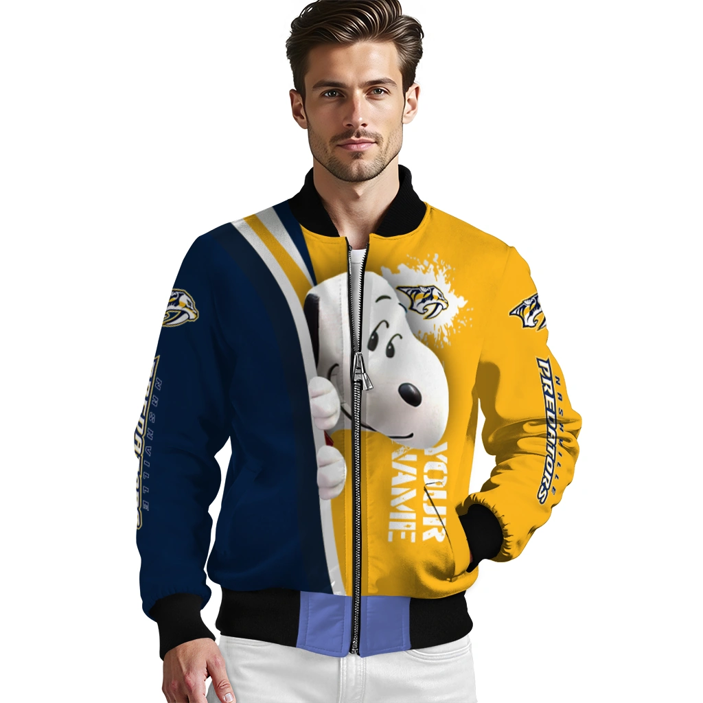 customized nashville predators snoopy head gold bomber jacket high quality customized nashville predators snoopy head gold bomber jacket high quality
