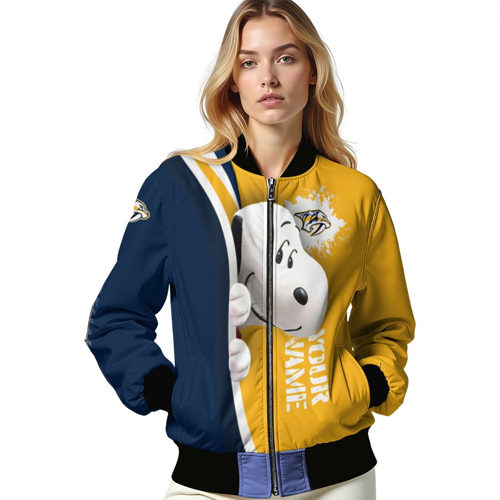 customized nashville predators snoopy head gold bomber jacket latest model customized nashville predators snoopy head gold bomber jacket latest model