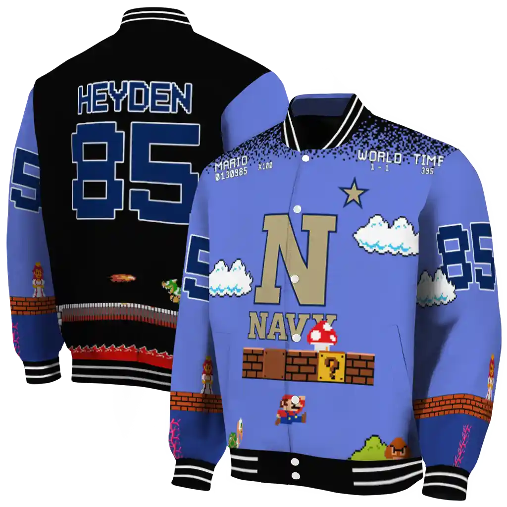 customized navy midshipmen mario blocks blue black varsity jacket fashion forward customized navy midshipmen mario blocks blue black varsity jacket fashion forward