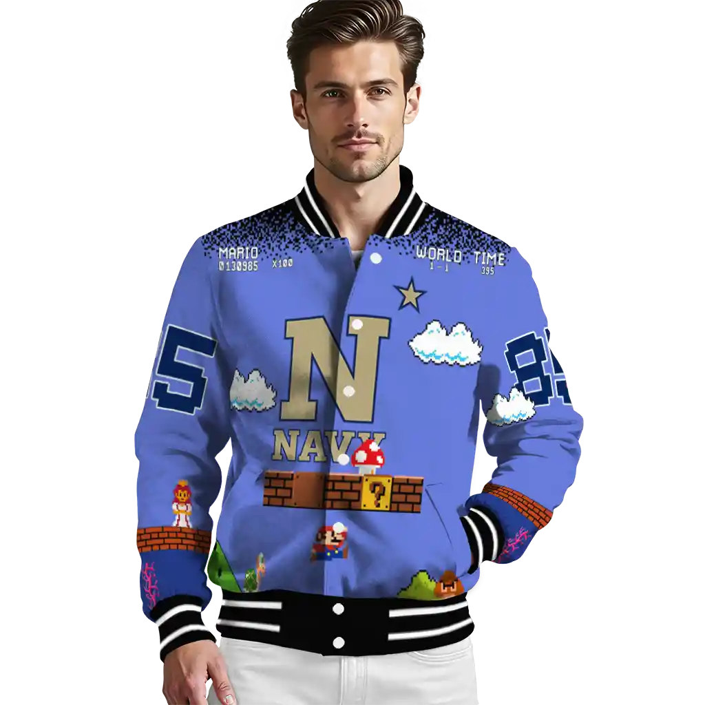 customized navy midshipmen mario blocks blue black varsity jacket high quality customized navy midshipmen mario blocks blue black varsity jacket high quality