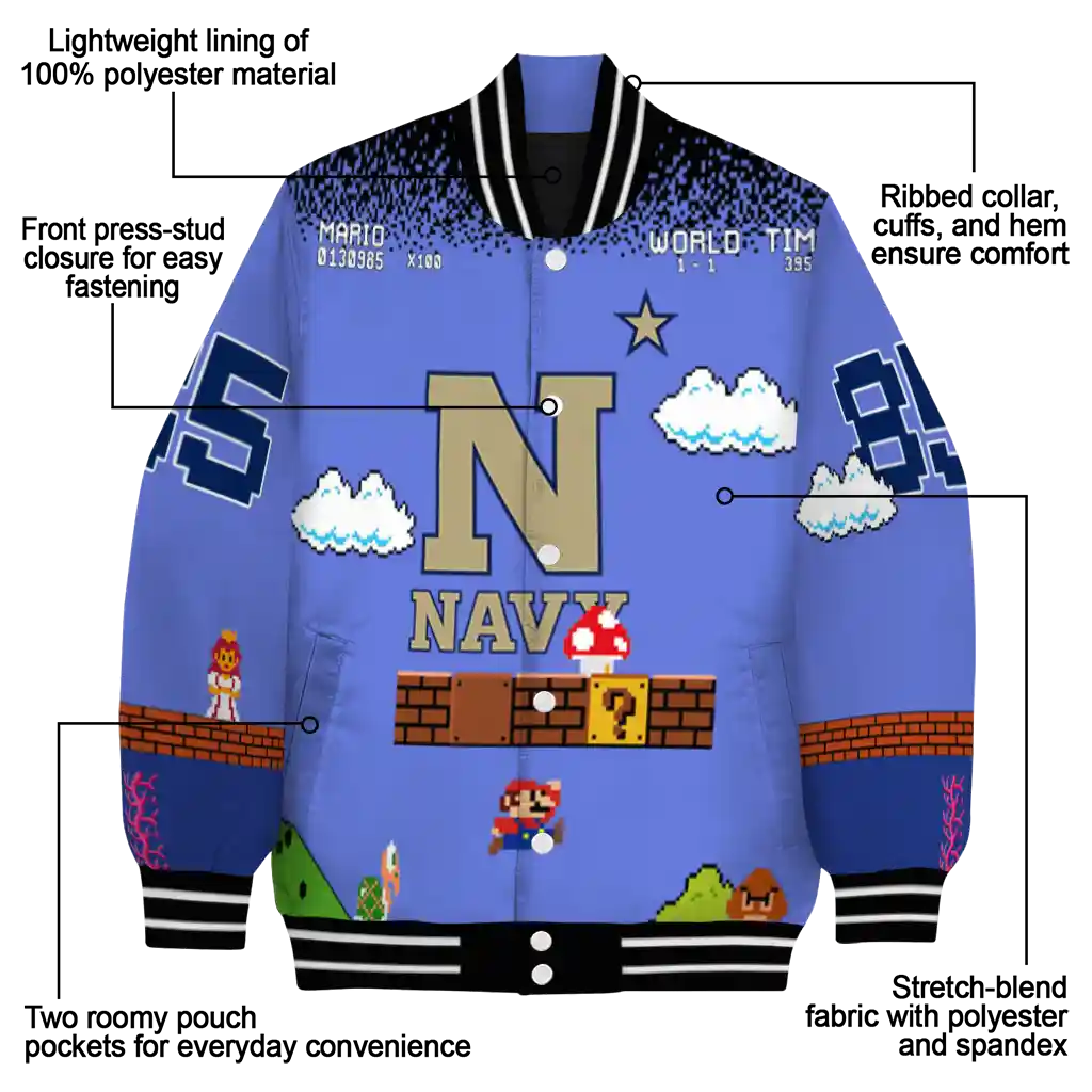 customized navy midshipmen mario blocks blue black varsity jacket new arrival customized navy midshipmen mario blocks blue black varsity jacket new arrival