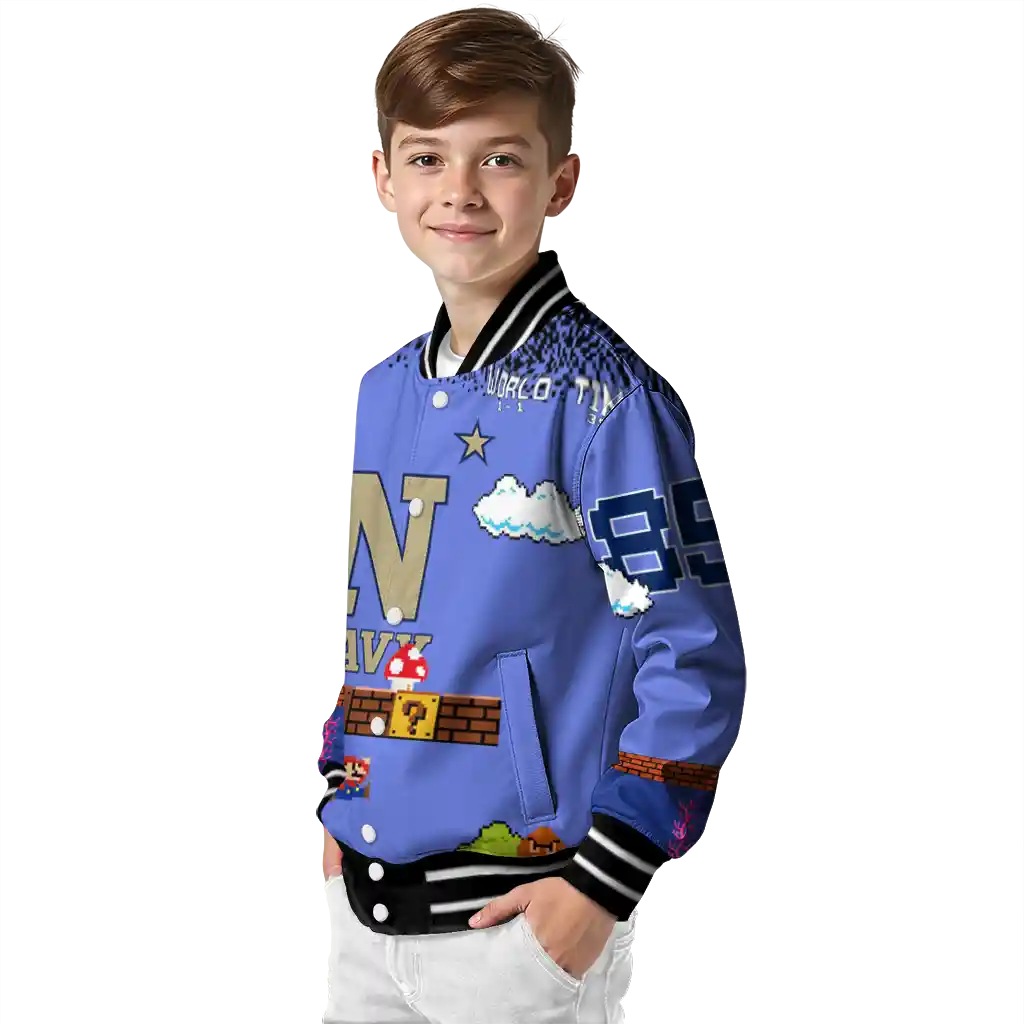 customized navy midshipmen mario blocks blue black varsity jacket trendy customized navy midshipmen mario blocks blue black varsity jacket trendy