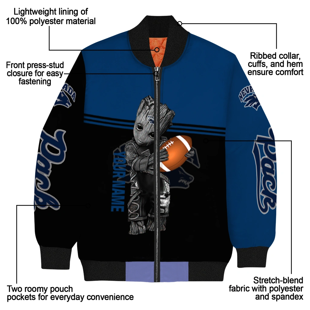 customized nevada wolf pack groot football blue black bomber jacket new arrival customized nevada wolf pack groot football blue black bomber jacket new arrival