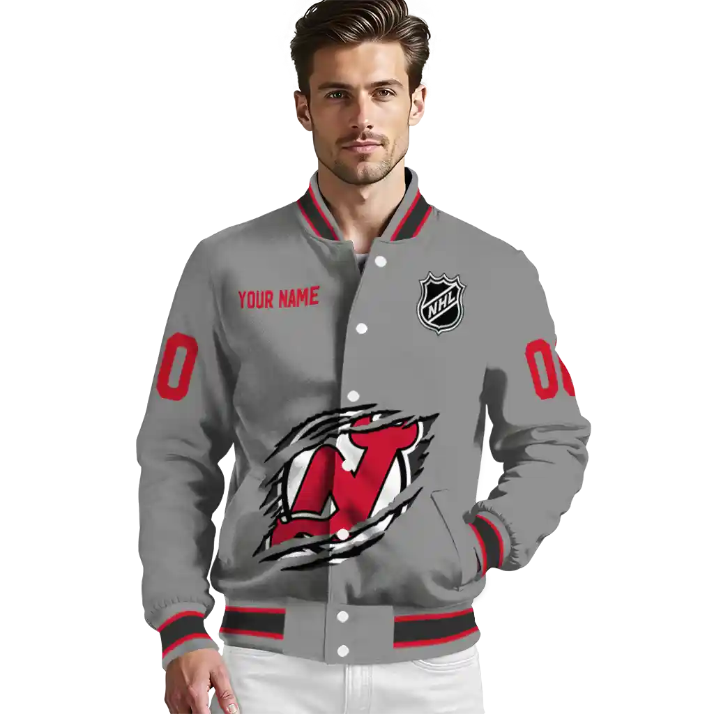 customized new jersey devils claw streak grey varsity jacket high quality customized new jersey devils claw streak grey varsity jacket high quality