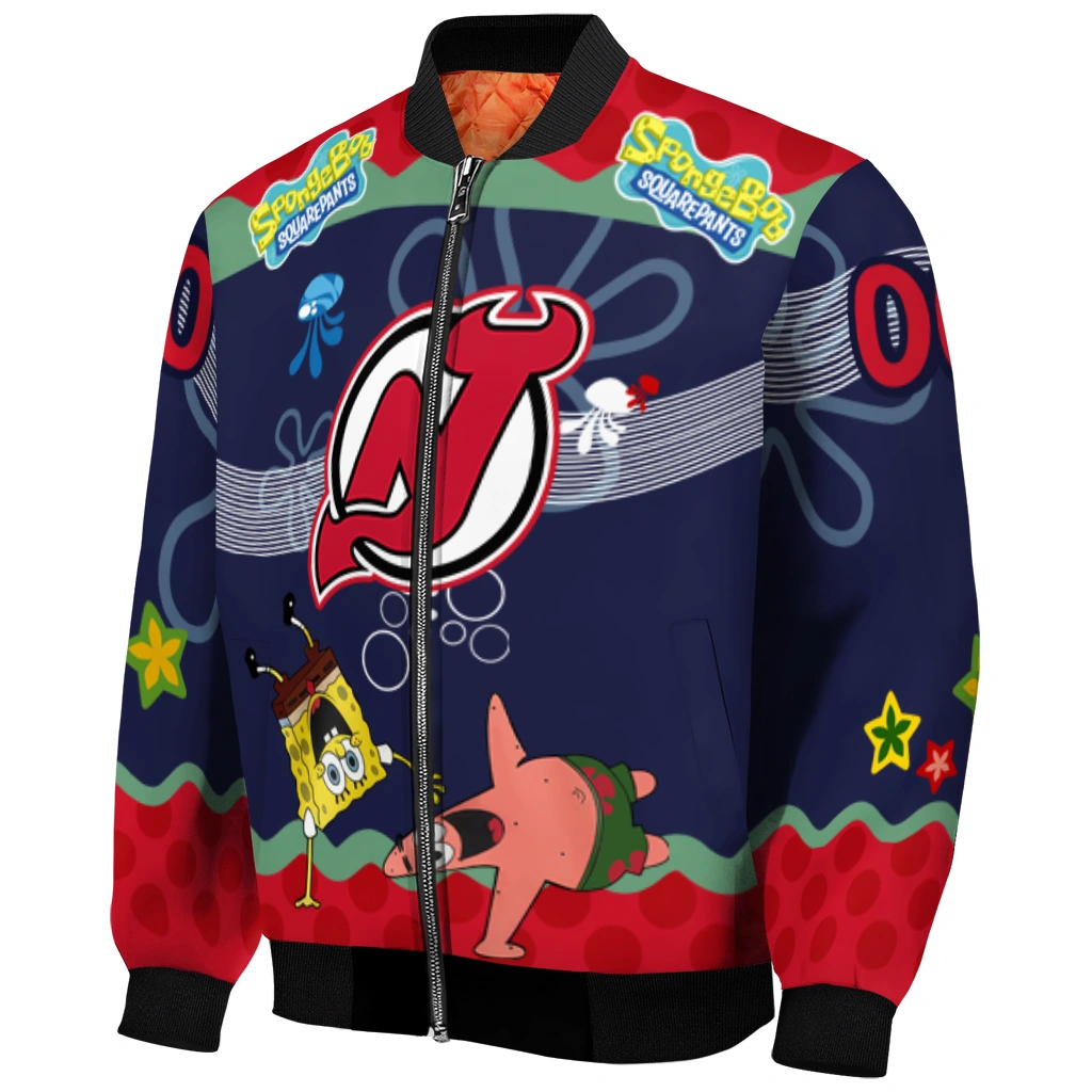 customized new jersey devils spongebob playtime red blue bomber jacket fashion forward customized new jersey devils spongebob playtime red blue bomber jacket fashion forward