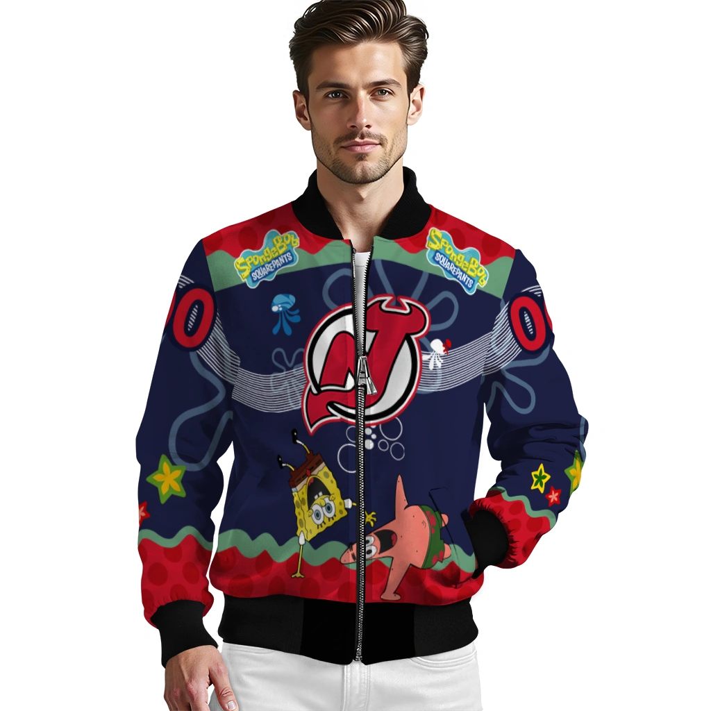 customized new jersey devils spongebob playtime red blue bomber jacket high quality customized new jersey devils spongebob playtime red blue bomber jacket high quality