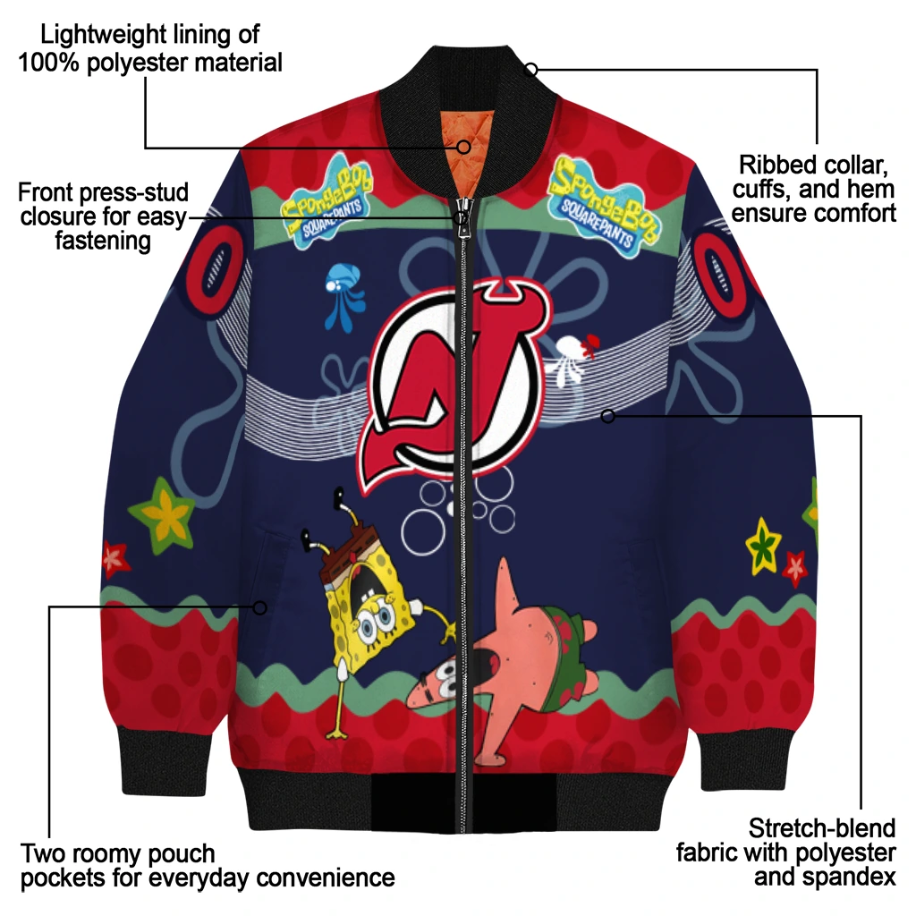 customized new jersey devils spongebob playtime red blue bomber jacket new arrival customized new jersey devils spongebob playtime red blue bomber jacket new arrival