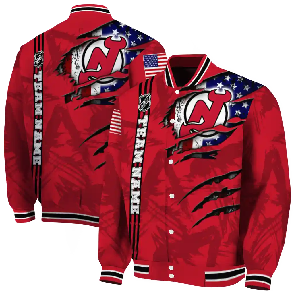 customized new jersey devils usa flag rips red varsity jacket fashion forward customized new jersey devils usa flag rips red varsity jacket fashion forward