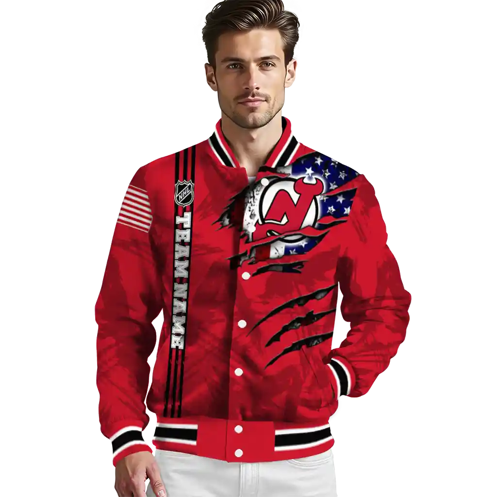 customized new jersey devils usa flag rips red varsity jacket high quality customized new jersey devils usa flag rips red varsity jacket high quality