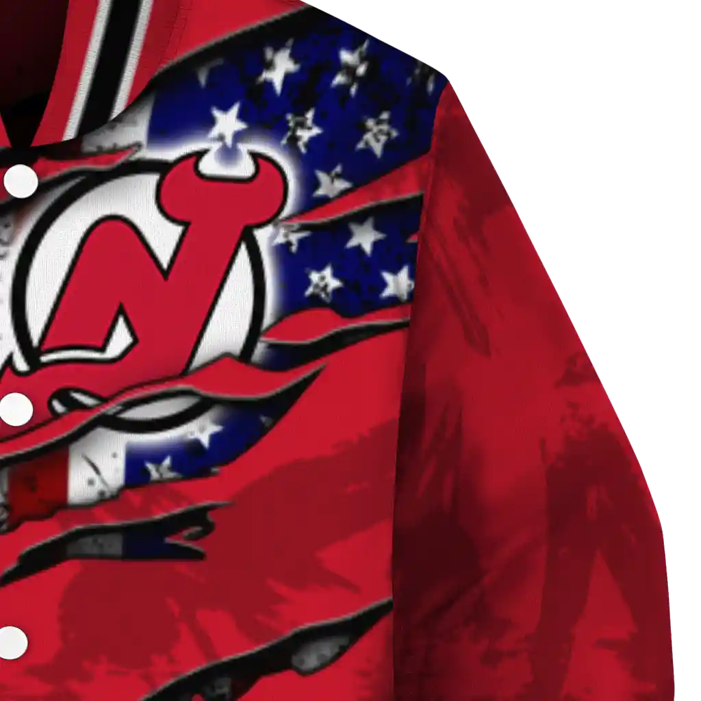 customized new jersey devils usa flag rips red varsity jacket premium grade customized new jersey devils usa flag rips red varsity jacket premium grade