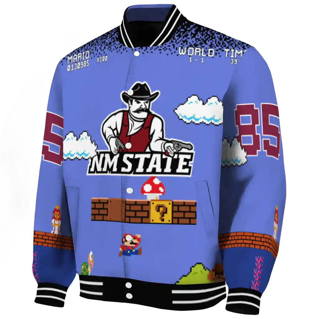 customized new mexico state aggies mario blocks blue black varsity jacket best selling customized new mexico state aggies mario blocks blue black varsity jacket best selling