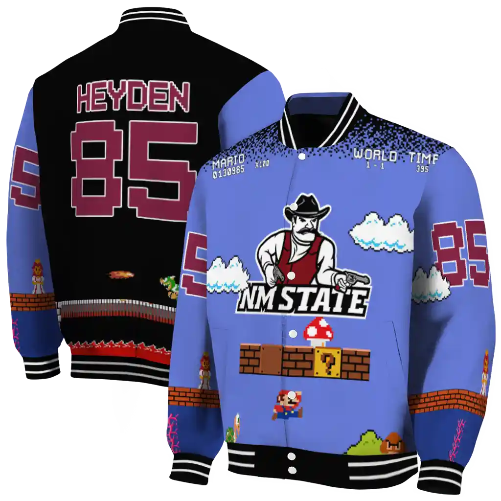 customized new mexico state aggies mario blocks blue black varsity jacket fashion forward customized new mexico state aggies mario blocks blue black varsity jacket fashion forward