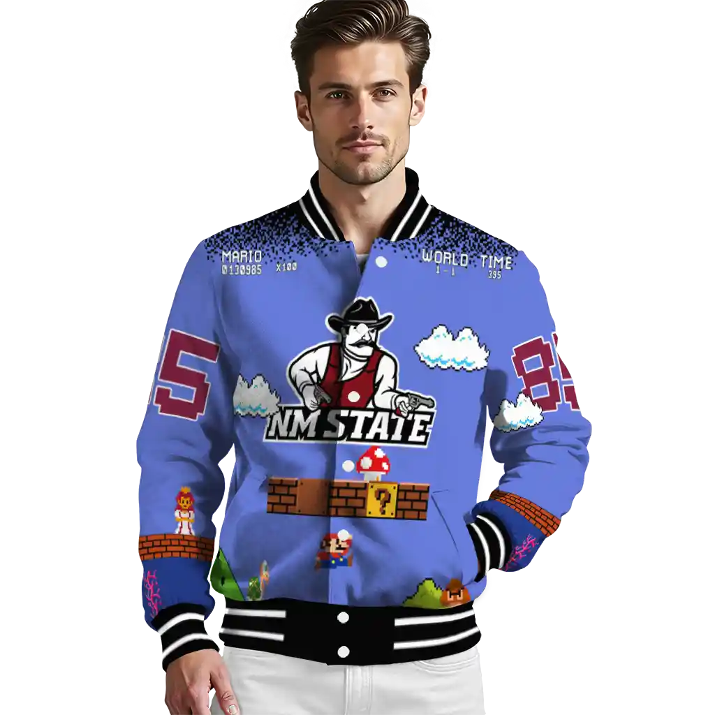 customized new mexico state aggies mario blocks blue black varsity jacket high quality customized new mexico state aggies mario blocks blue black varsity jacket high quality