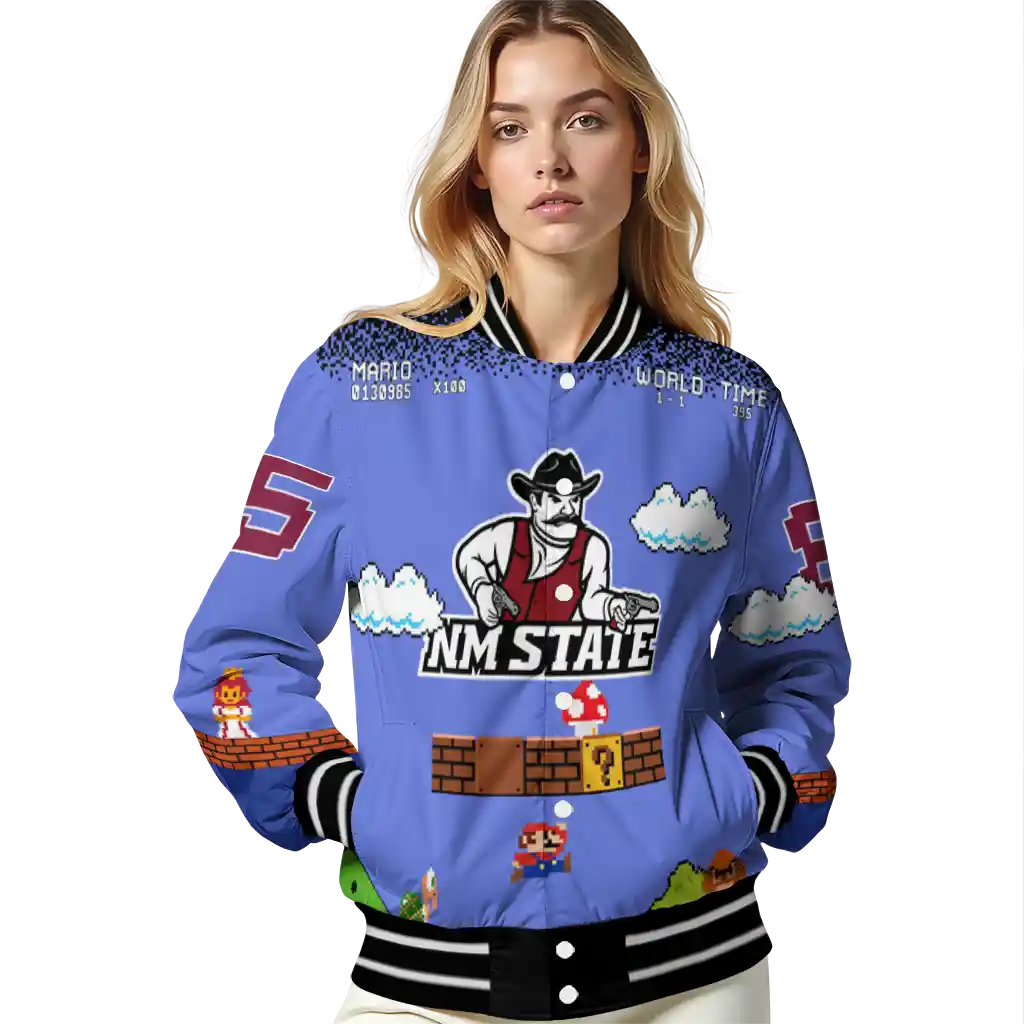 customized new mexico state aggies mario blocks blue black varsity jacket latest model customized new mexico state aggies mario blocks blue black varsity jacket latest model
