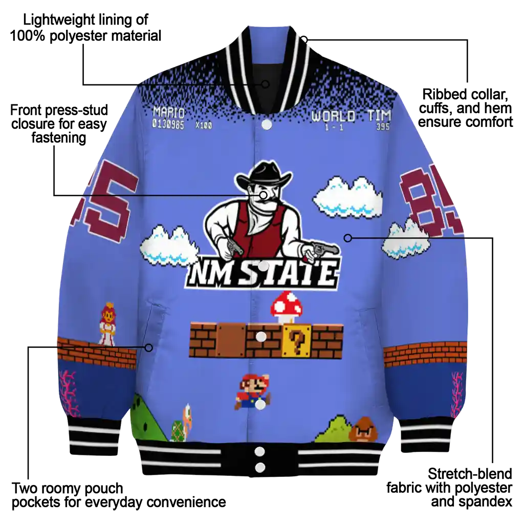 customized new mexico state aggies mario blocks blue black varsity jacket new arrival customized new mexico state aggies mario blocks blue black varsity jacket new arrival