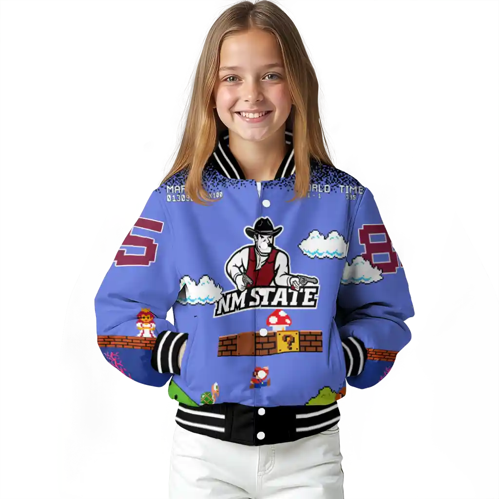 customized new mexico state aggies mario blocks blue black varsity jacket top rated customized new mexico state aggies mario blocks blue black varsity jacket top rated