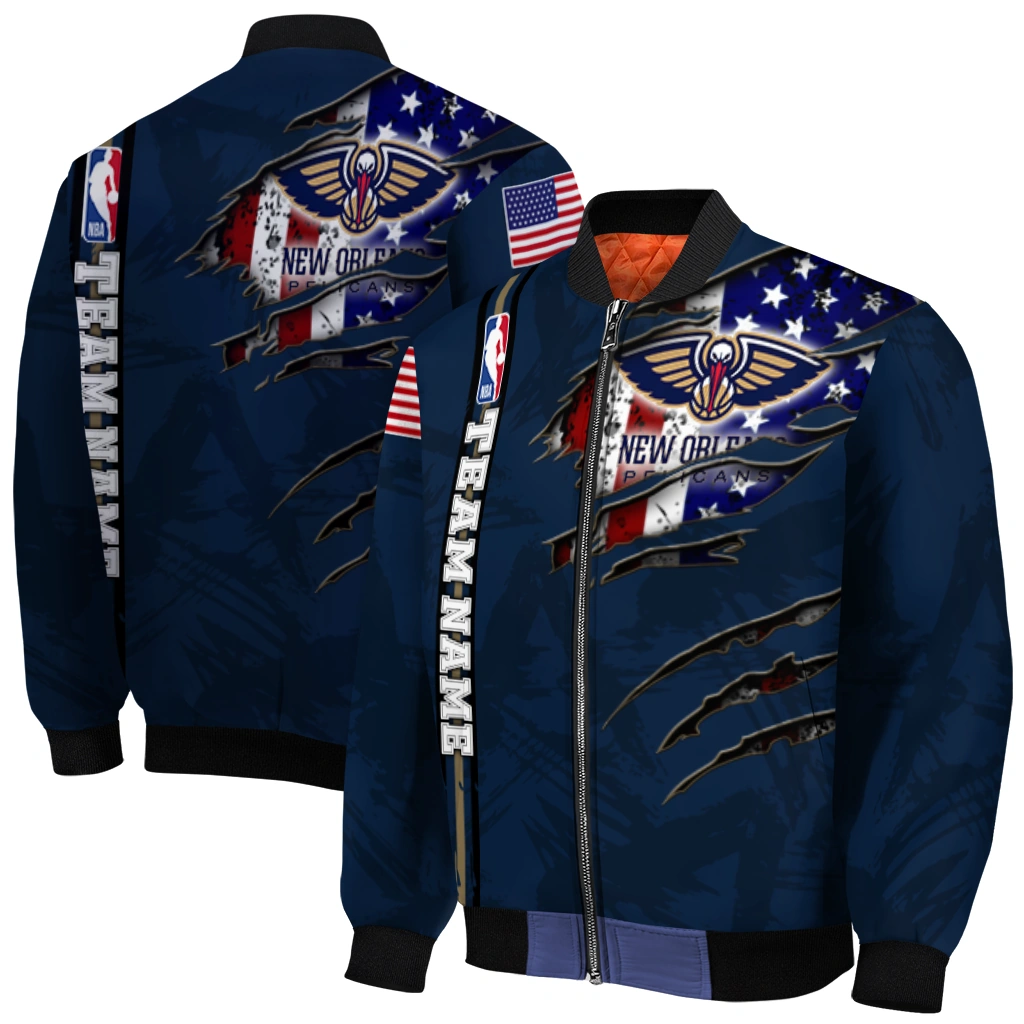 customized new orleans pelicans patriotic claw marks navy bomber jacket best selling customized new orleans pelicans patriotic claw marks navy bomber jacket best selling