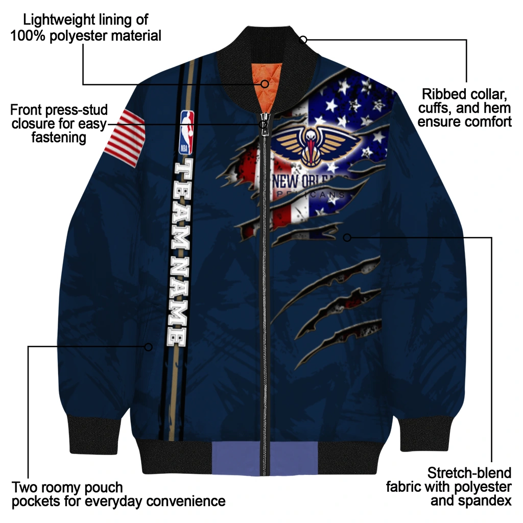 customized new orleans pelicans patriotic claw marks navy bomber jacket new arrival customized new orleans pelicans patriotic claw marks navy bomber jacket new arrival