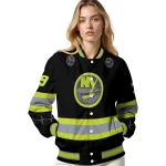 customized new york islanders heartbeat accent black green varsity jacket best selling
