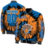 customized new york knicks burst splatter blue varsity jacket best selling