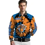 customized new york knicks burst splatter blue varsity jacket best selling