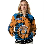 customized new york knicks burst splatter blue varsity jacket best selling