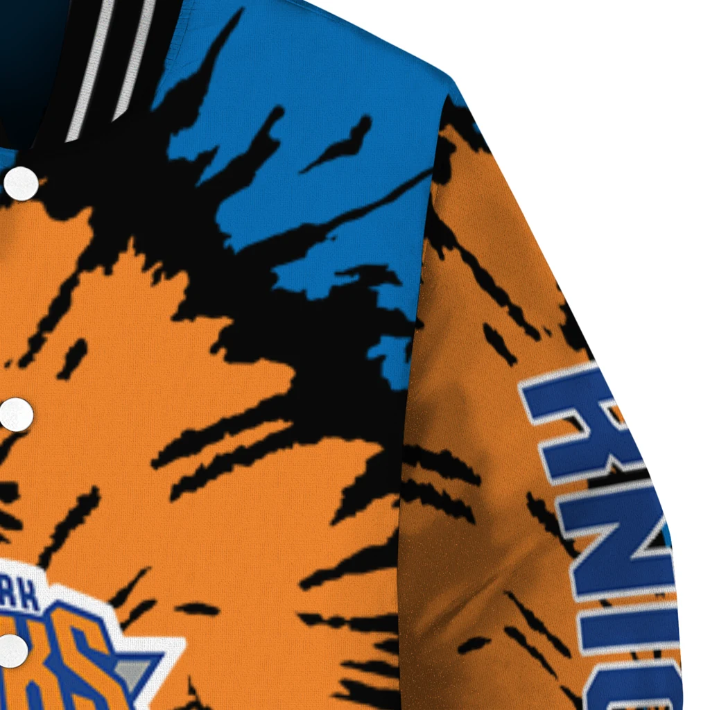 customized new york knicks burst splatter blue varsity jacket premium grade customized new york knicks burst splatter blue varsity jacket premium grade