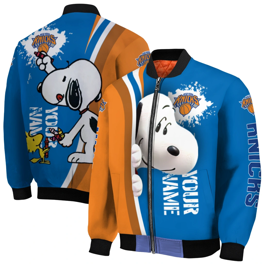 customized new york knicks snoopy head blue bomber jacket best selling customized new york knicks snoopy head blue bomber jacket best selling