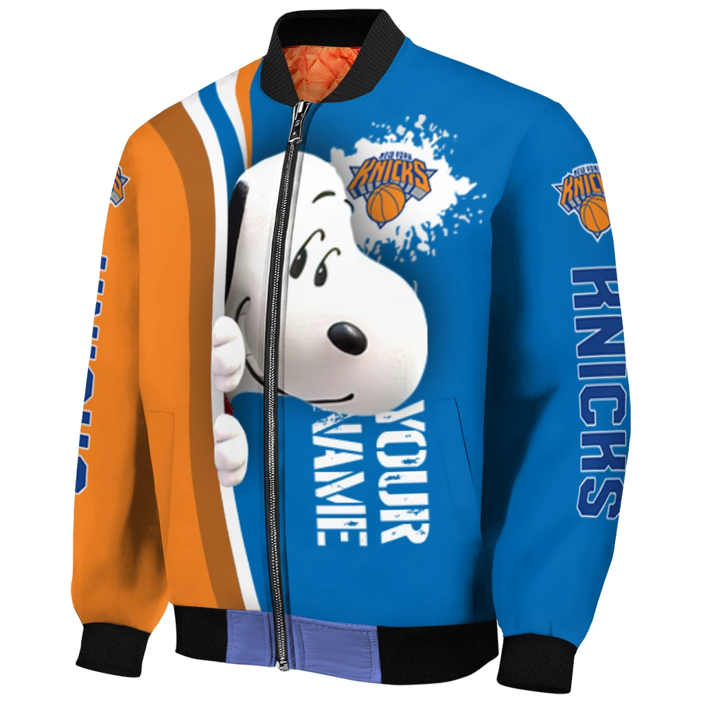 customized new york knicks snoopy head blue bomber jacket fashion forward customized new york knicks snoopy head blue bomber jacket fashion forward