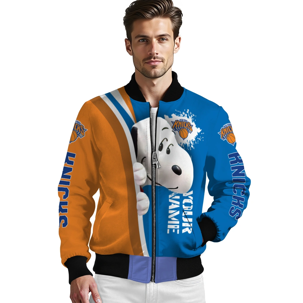 customized new york knicks snoopy head blue bomber jacket high quality customized new york knicks snoopy head blue bomber jacket high quality