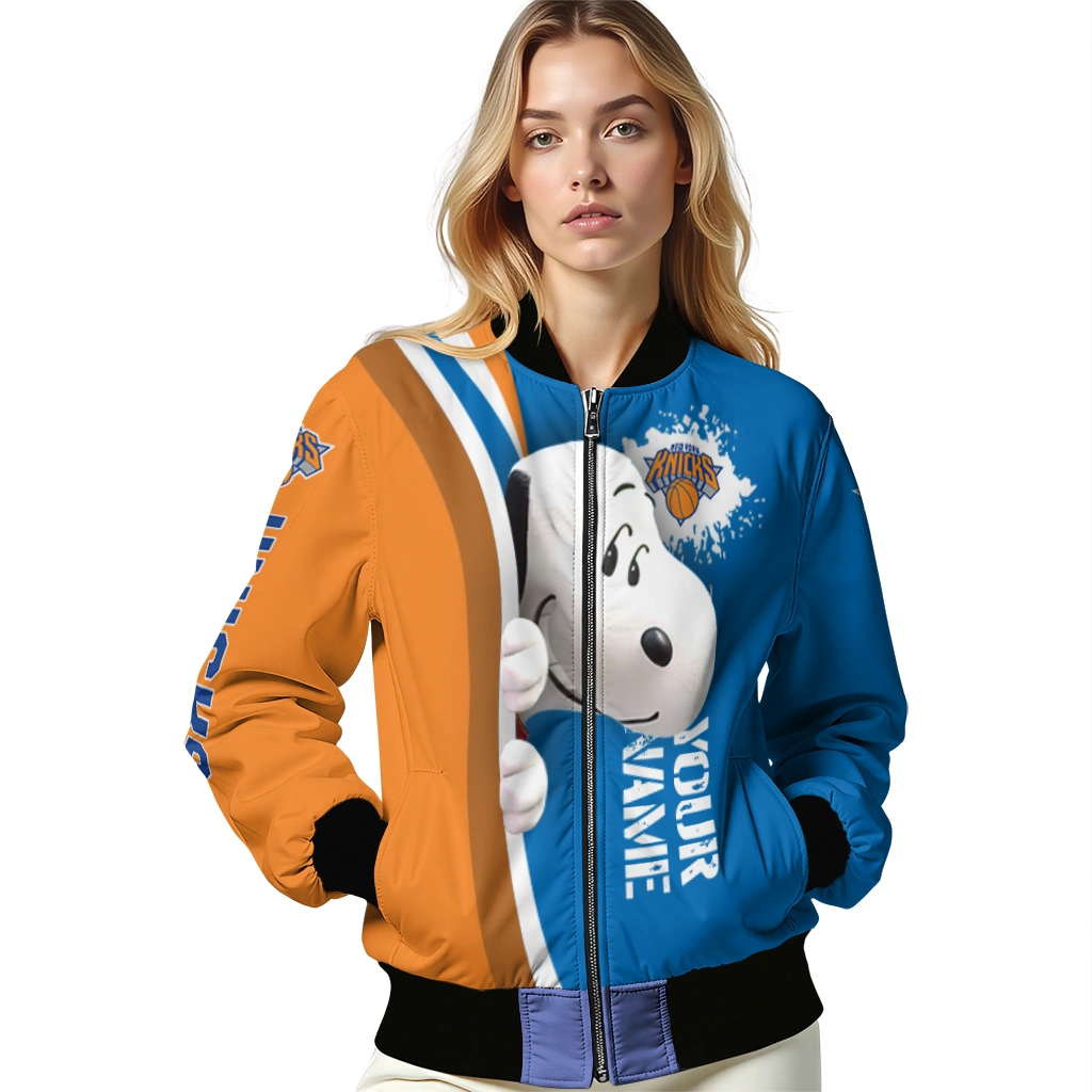 customized new york knicks snoopy head blue bomber jacket latest model customized new york knicks snoopy head blue bomber jacket latest model