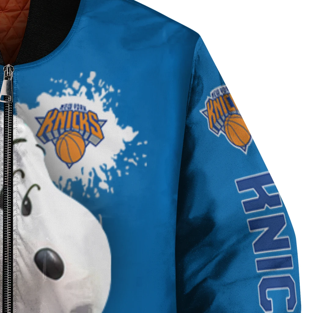 customized new york knicks snoopy head blue bomber jacket premium grade customized new york knicks snoopy head blue bomber jacket premium grade