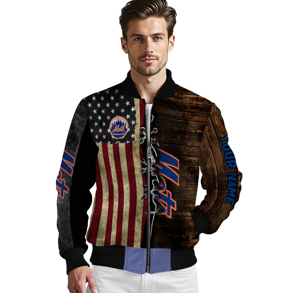 customized new york mets flag wood brown bomber jacket high quality customized new york mets flag wood brown bomber jacket high quality