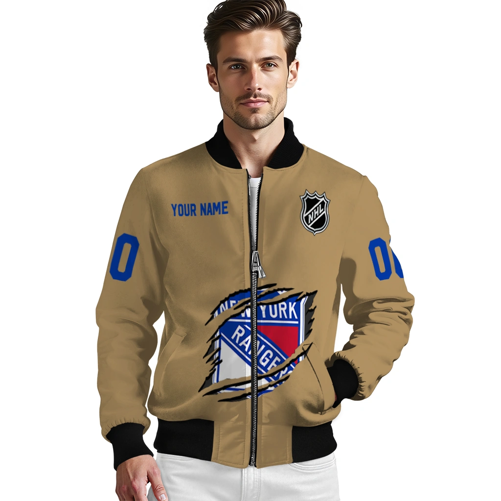 customized new york rangers claw burst beige bomber jacket high quality customized new york rangers claw burst beige bomber jacket high quality