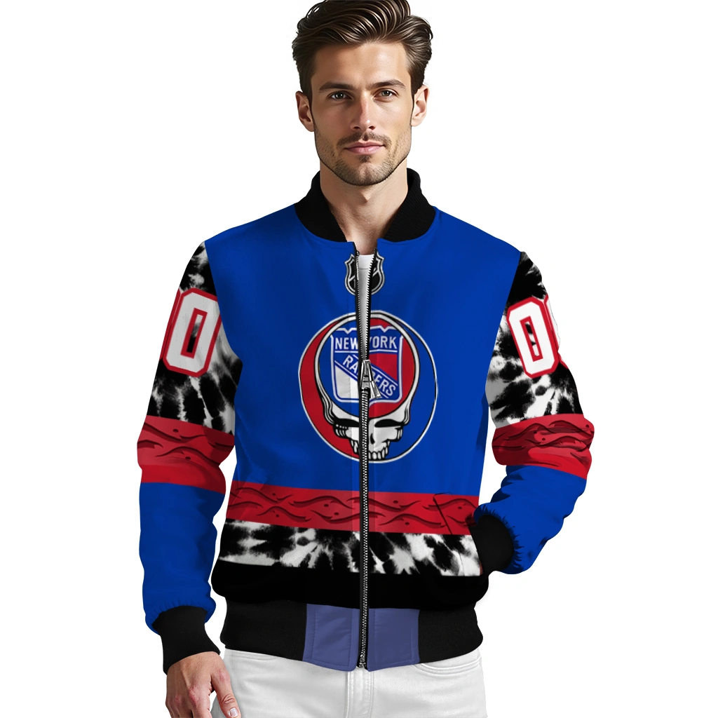 customized new york rangers skull stripe blue black bomber jacket high quality customized new york rangers skull stripe blue black bomber jacket high quality