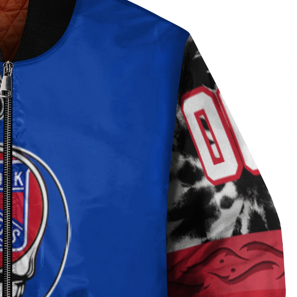 customized new york rangers skull stripe blue black bomber jacket premium grade customized new york rangers skull stripe blue black bomber jacket premium grade
