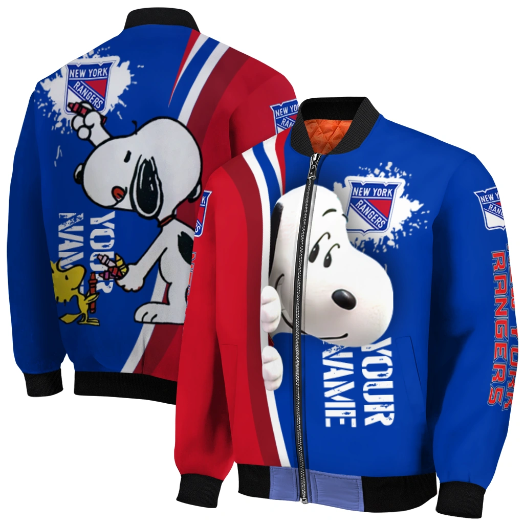 customized new york rangers snoopy head blue bomber jacket best selling customized new york rangers snoopy head blue bomber jacket best selling