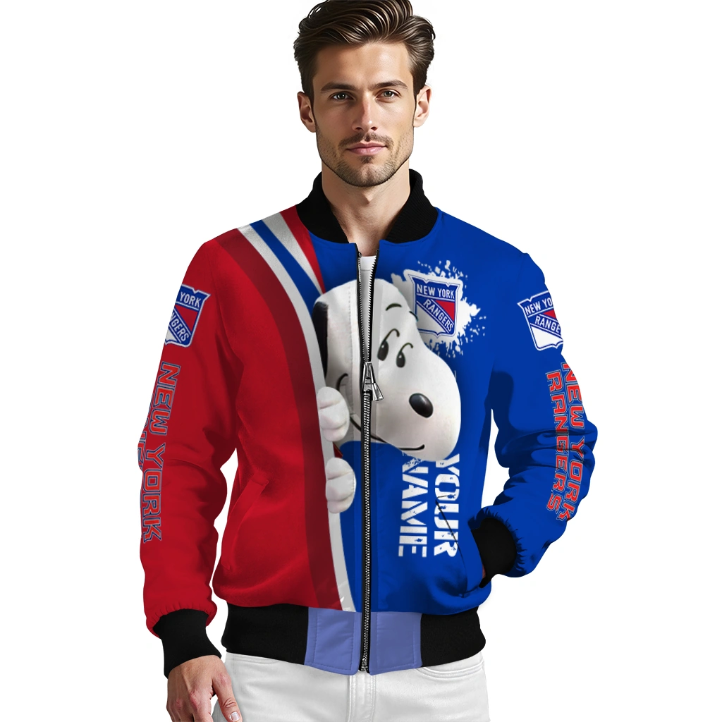 customized new york rangers snoopy head blue bomber jacket high quality customized new york rangers snoopy head blue bomber jacket high quality