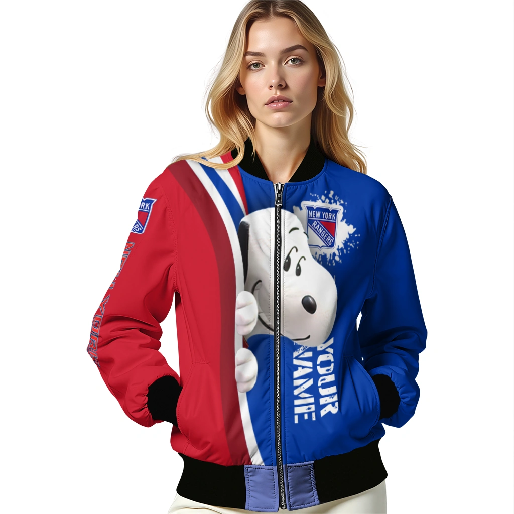 customized new york rangers snoopy head blue bomber jacket latest model customized new york rangers snoopy head blue bomber jacket latest model
