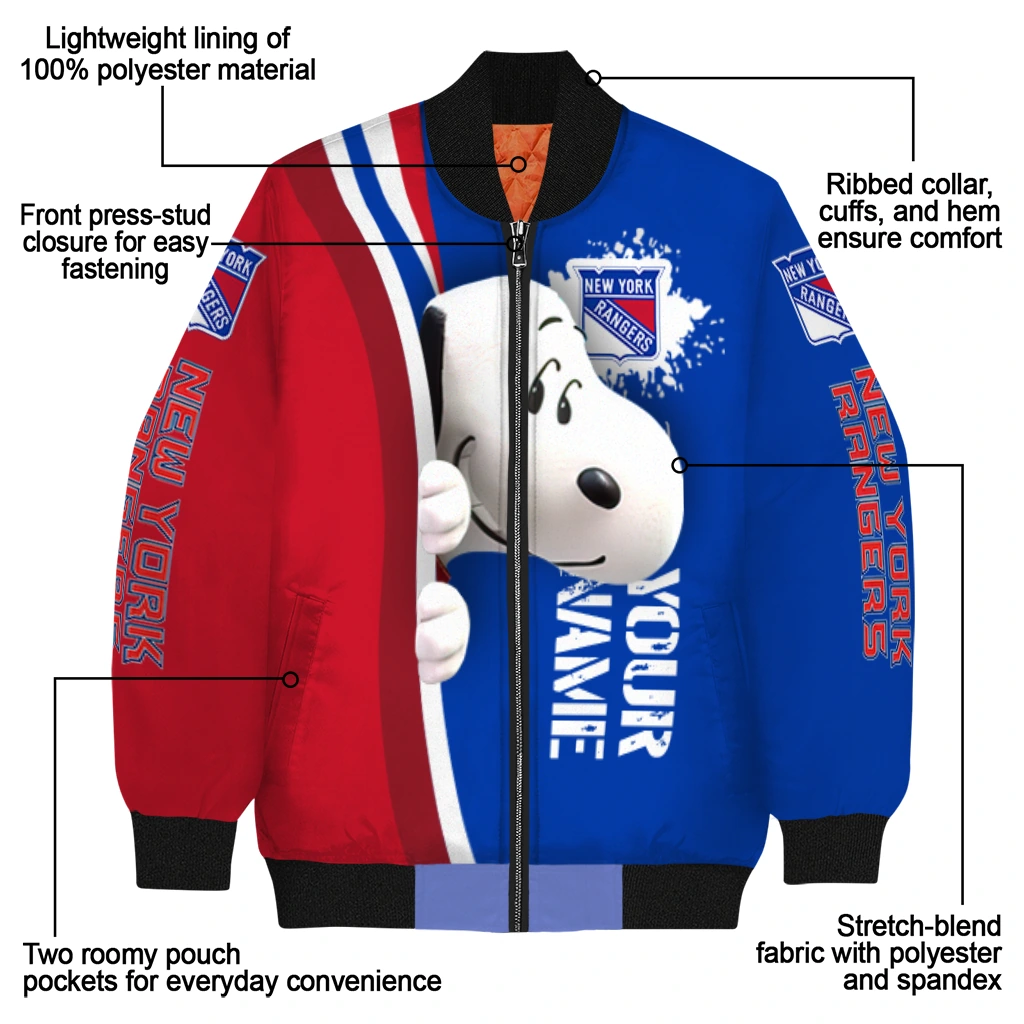customized new york rangers snoopy head blue bomber jacket new arrival customized new york rangers snoopy head blue bomber jacket new arrival
