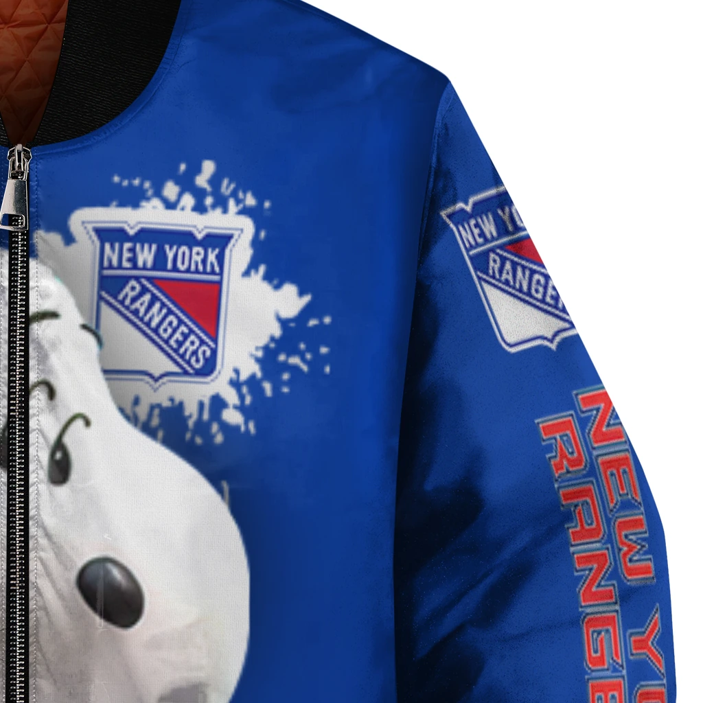 customized new york rangers snoopy head blue bomber jacket premium grade customized new york rangers snoopy head blue bomber jacket premium grade