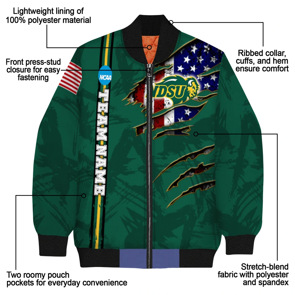 customized north dakota state bison usa flag claws green bomber jacket new arrival customized north dakota state bison usa flag claws green bomber jacket new arrival