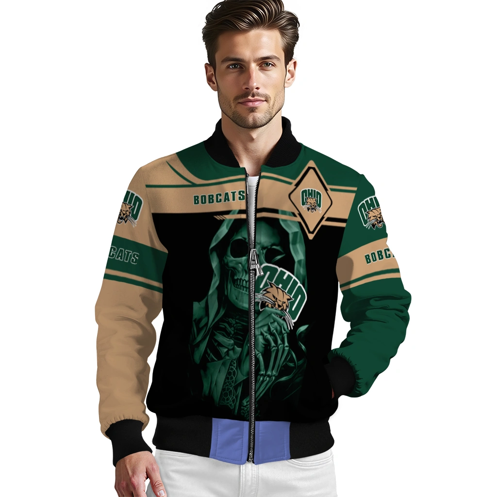 customized ohio bobcats reaper hands green black bomber jacket high quality customized ohio bobcats reaper hands green black bomber jacket high quality