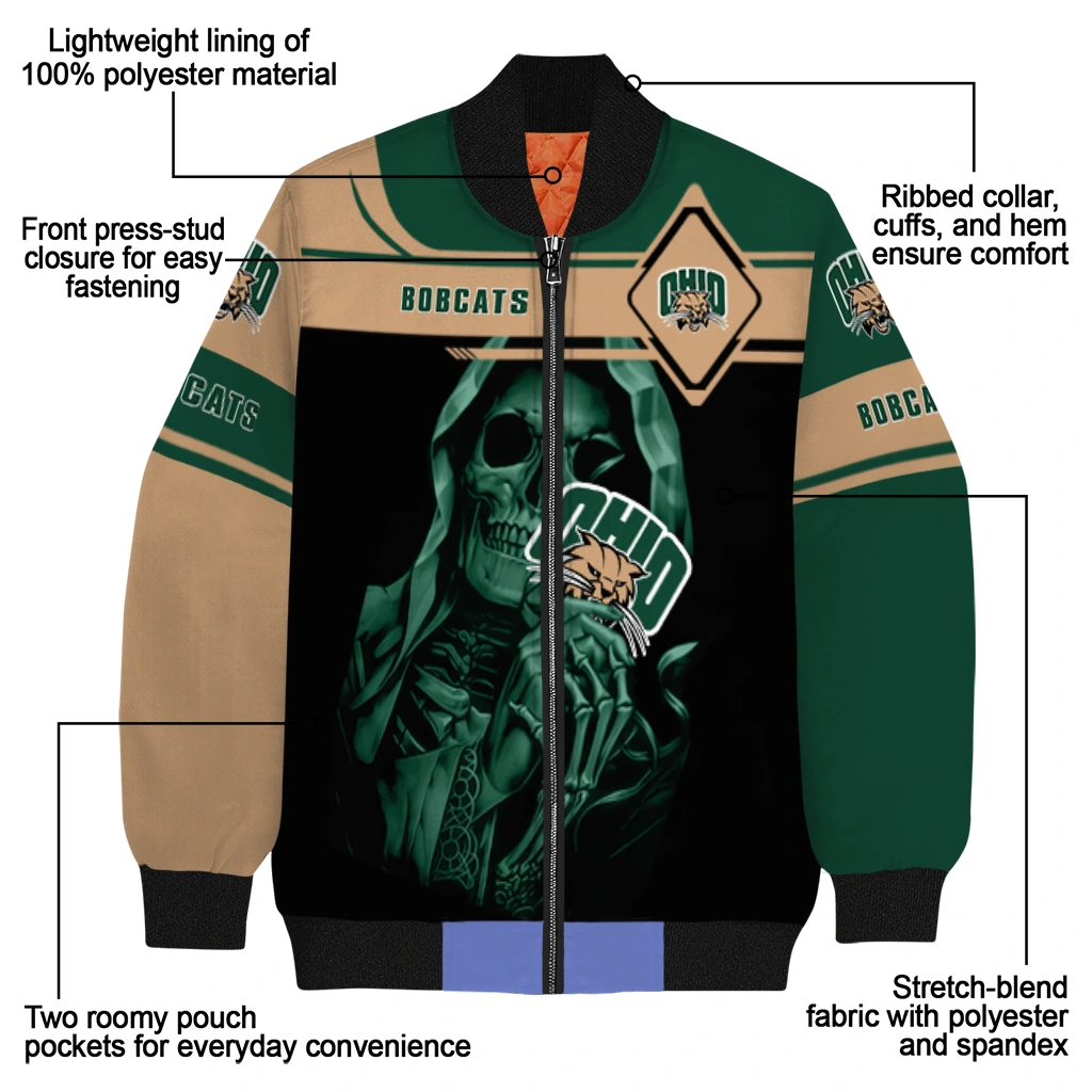 customized ohio bobcats reaper hands green black bomber jacket new arrival customized ohio bobcats reaper hands green black bomber jacket new arrival