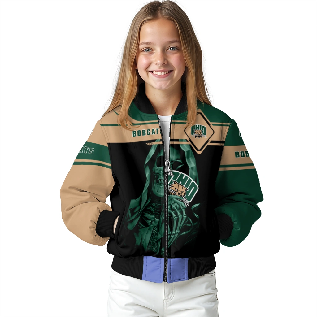customized ohio bobcats reaper hands green black bomber jacket top rated customized ohio bobcats reaper hands green black bomber jacket top rated