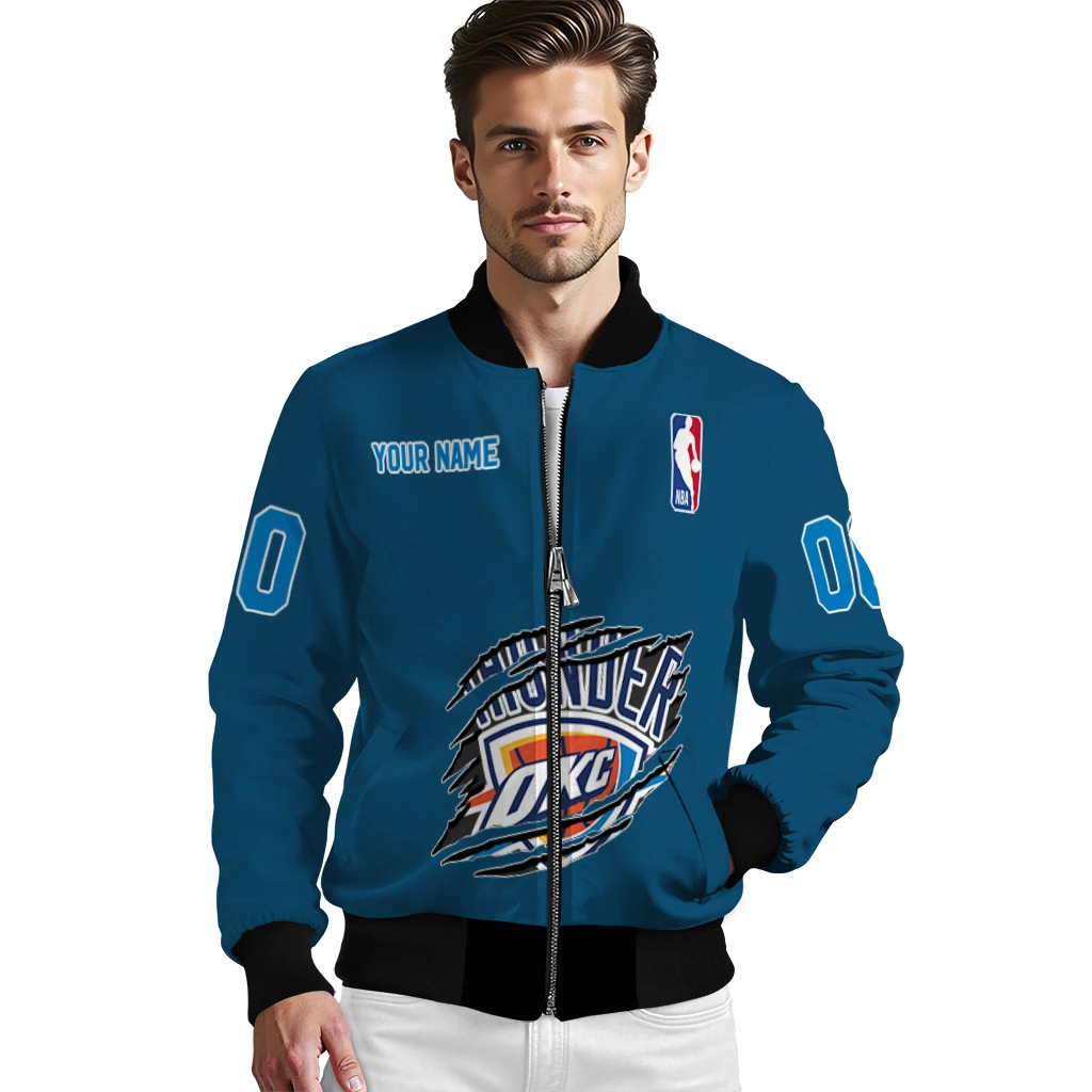 customized oklahoma city thunder claw slash blue bomber jacket high quality customized oklahoma city thunder claw slash blue bomber jacket high quality