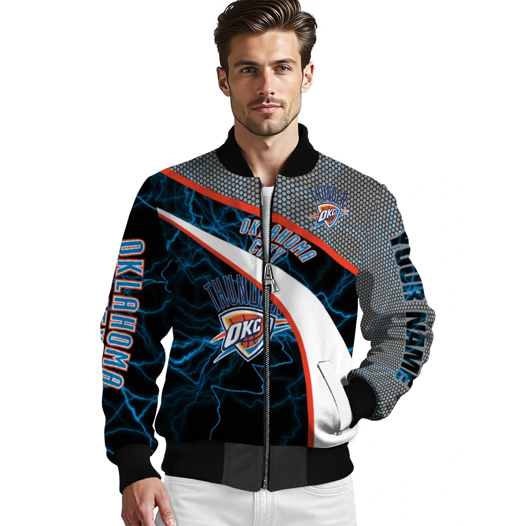 customized oklahoma city thunder electric flash blue bomber jacket high quality customized oklahoma city thunder electric flash blue bomber jacket high quality